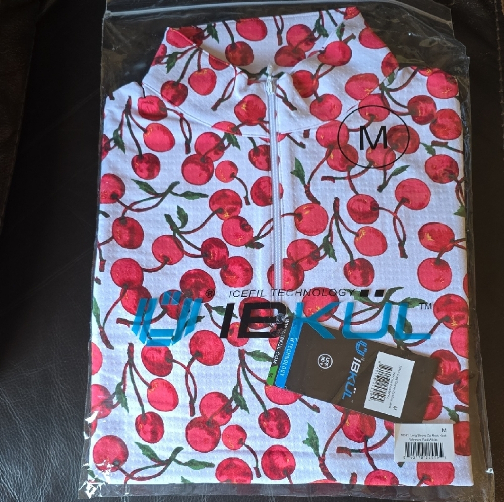 IBKUL Cherry Patterned Long Sleeve, Mock Neck, Quarter Zip UPF 50+ Top